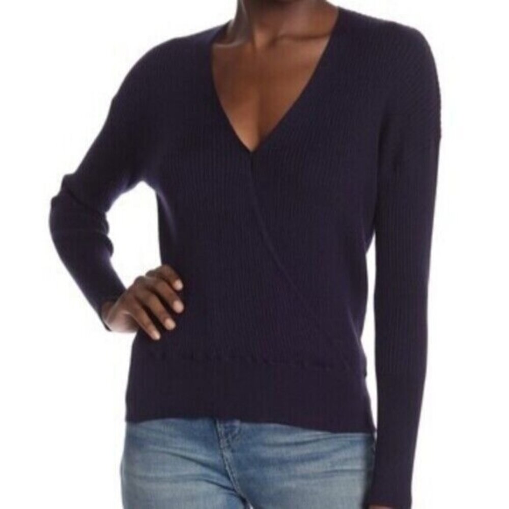 Elodie Faux Wrap Surplice Sweater Ribbed V Neck Knit top Navy Blue SZ M New